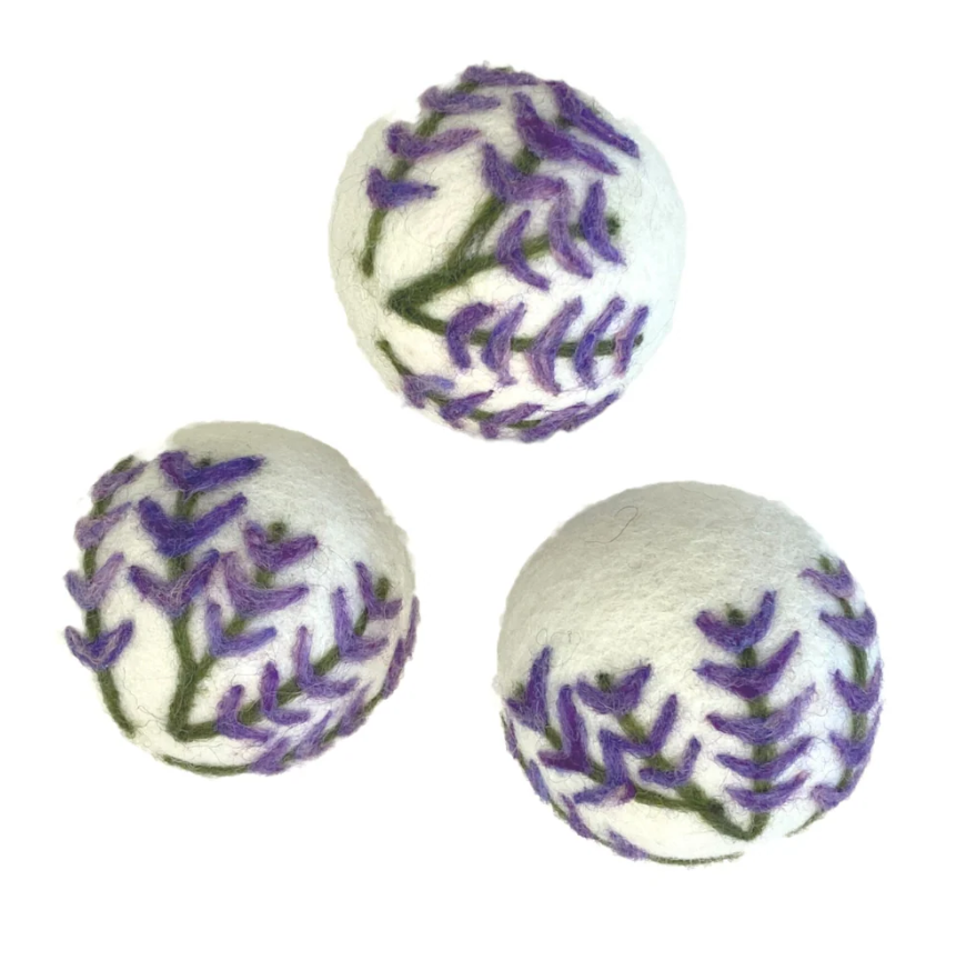 Lavender print wool dryer balls displayed on white background