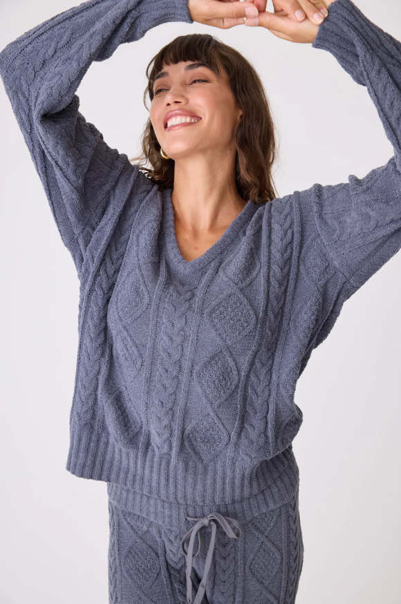 PJ Salvage Chenille Cozy Cable V-Neck Sweater Charcoal