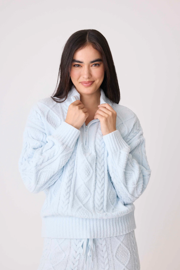 PJ Salvage Chenille Cozy Cable Quarter Zip Sweater Blue Air