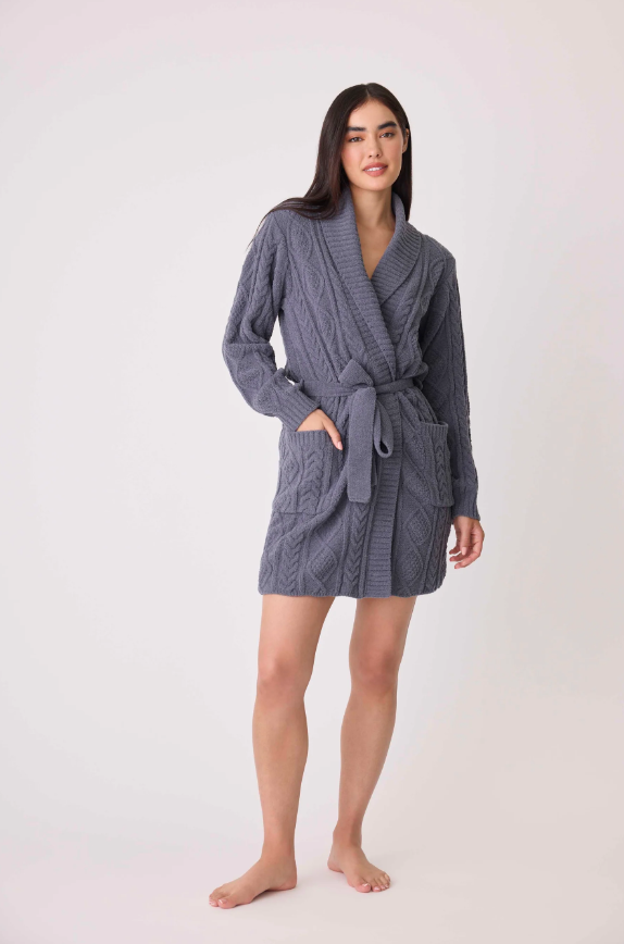 PJ Salvage Chenille Cozy Cable Shawl Collar Robe Charcoal