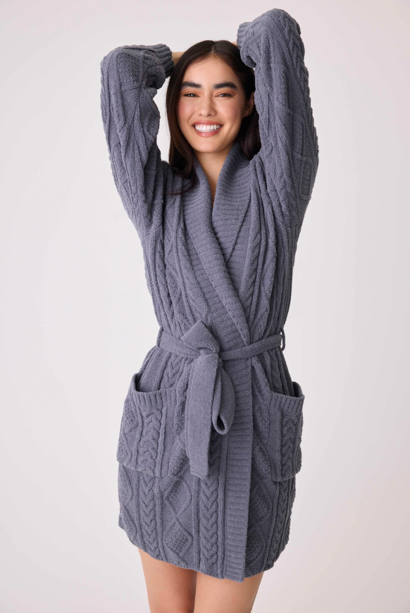 PJ Salvage Chenille Cozy Cable Shawl Collar Robe Charcoal