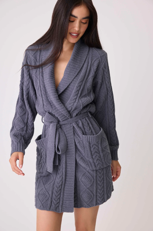 PJ Salvage Chenille Cozy Cable Shawl Collar Robe Charcoal