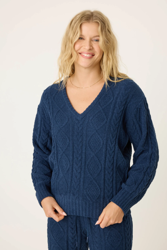 PJ Salvage Chenille Cozy Cable V-Neck Sweater Midnight