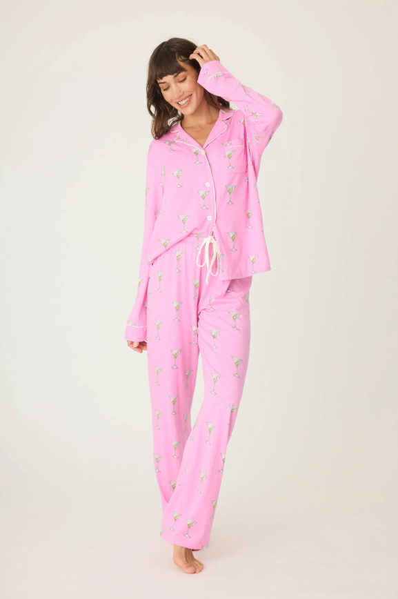 Front view of PJ Salvage Playful Prints Martini Pajama Set in bubblegum pink
