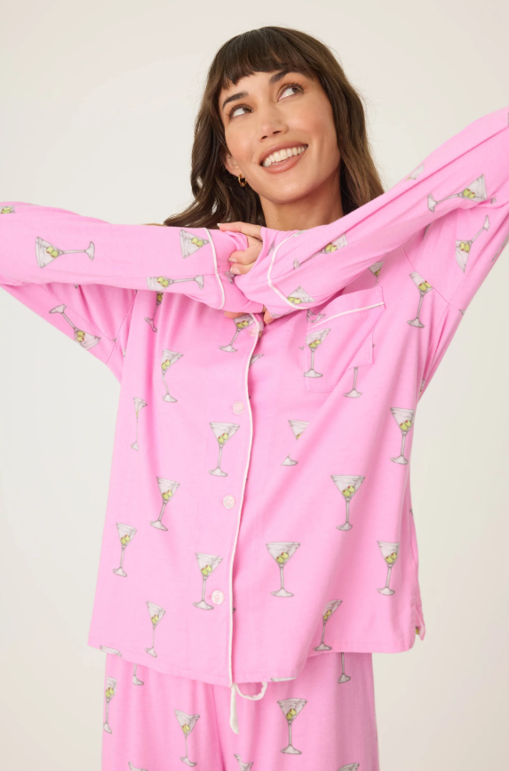 Front view of PJ Salvage Playful Prints Martini Pajama Set in bubblegum pink
