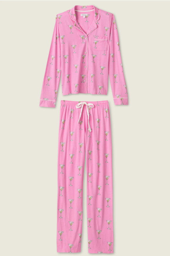 Flat lay of pajama set showcasing playful print and soft fabric
