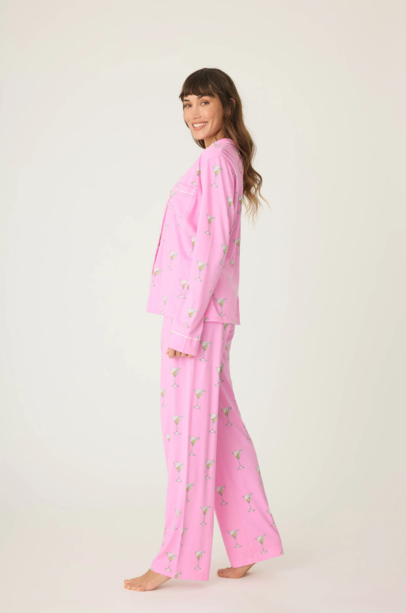 Side view of PJ Salvage Playful Prints Martini Pajama Set in bubblegum pink