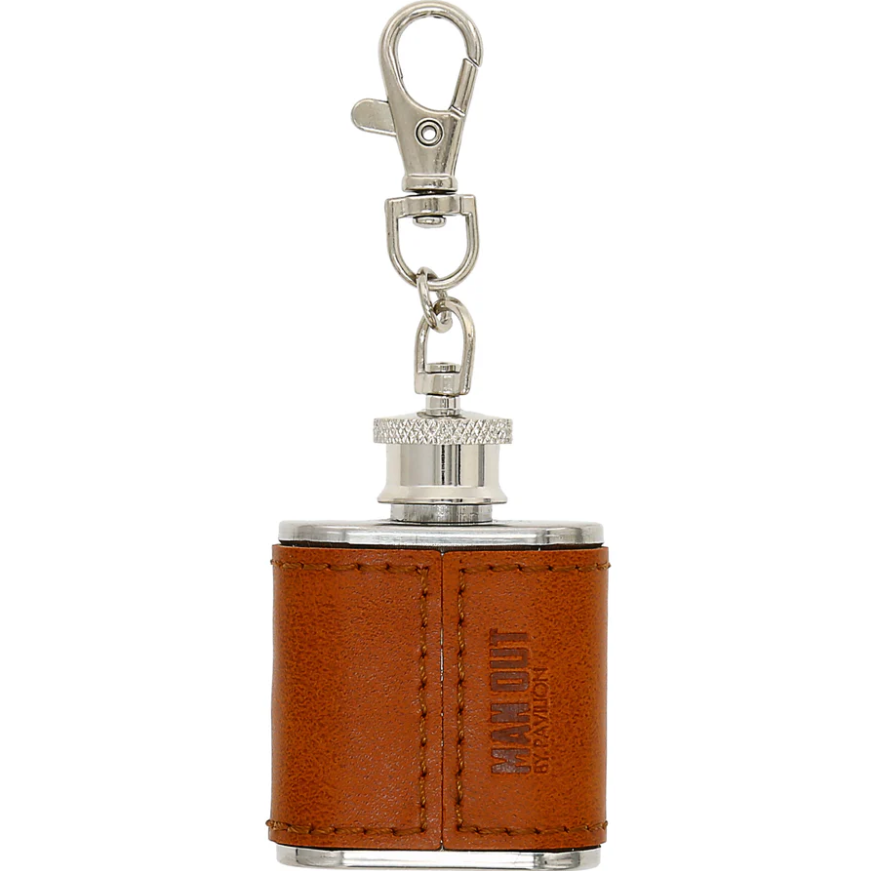 Close-up of debossed “Man Out” sentiment on back of flask