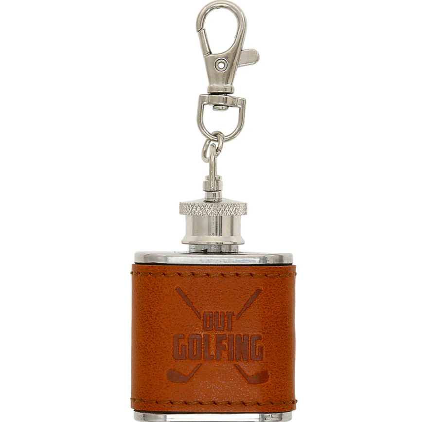 Mini leather-wrapped flask with golf club design on keychain