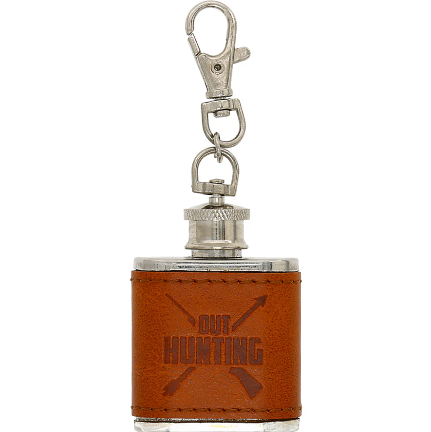 Mini leather-wrapped flask with hunting design on keychain
