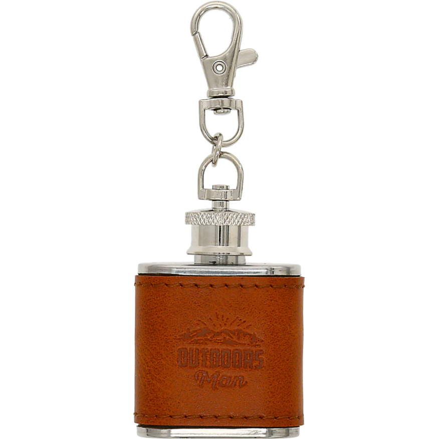 Mini leather-wrapped flask with outdoor design on keychain