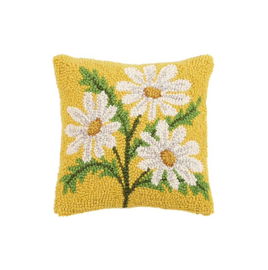 Yellow daisy hook pillow with floral design, 10x10 size