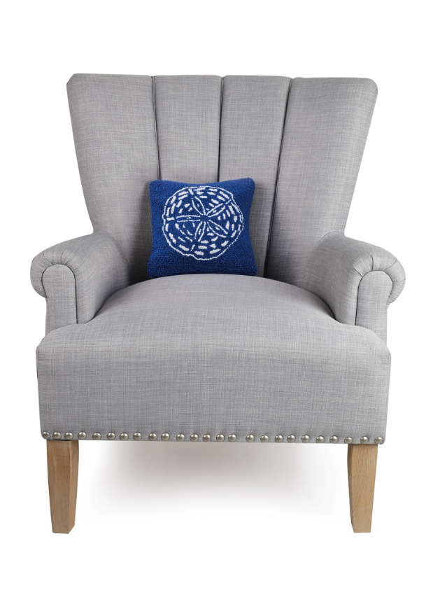 Square wool accent pillow with nautical sand dollar motif