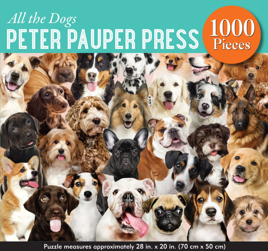 Box cover of Dogs 1000-piece puzzle featuring various dog breeds
