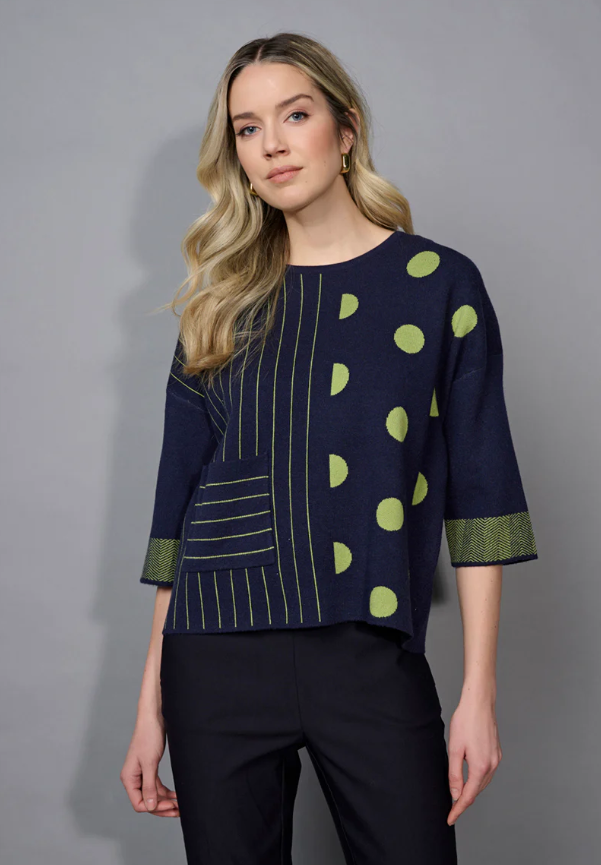 Striped and polka dot lightweight sweater styled with jeans