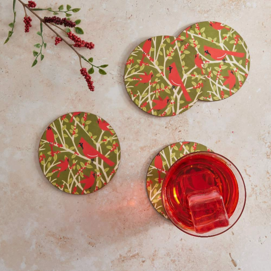 Rockflowerpaper Set of 4 Round Coasters Red Cardinals