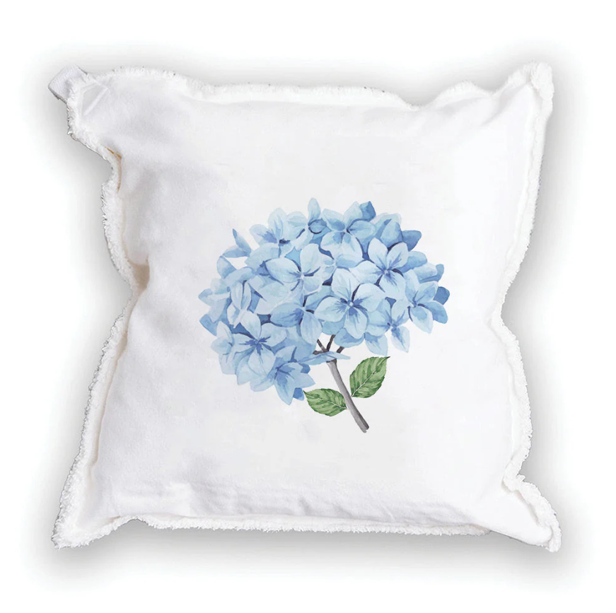 Square decorative pillow with feather insert and hydrangea print