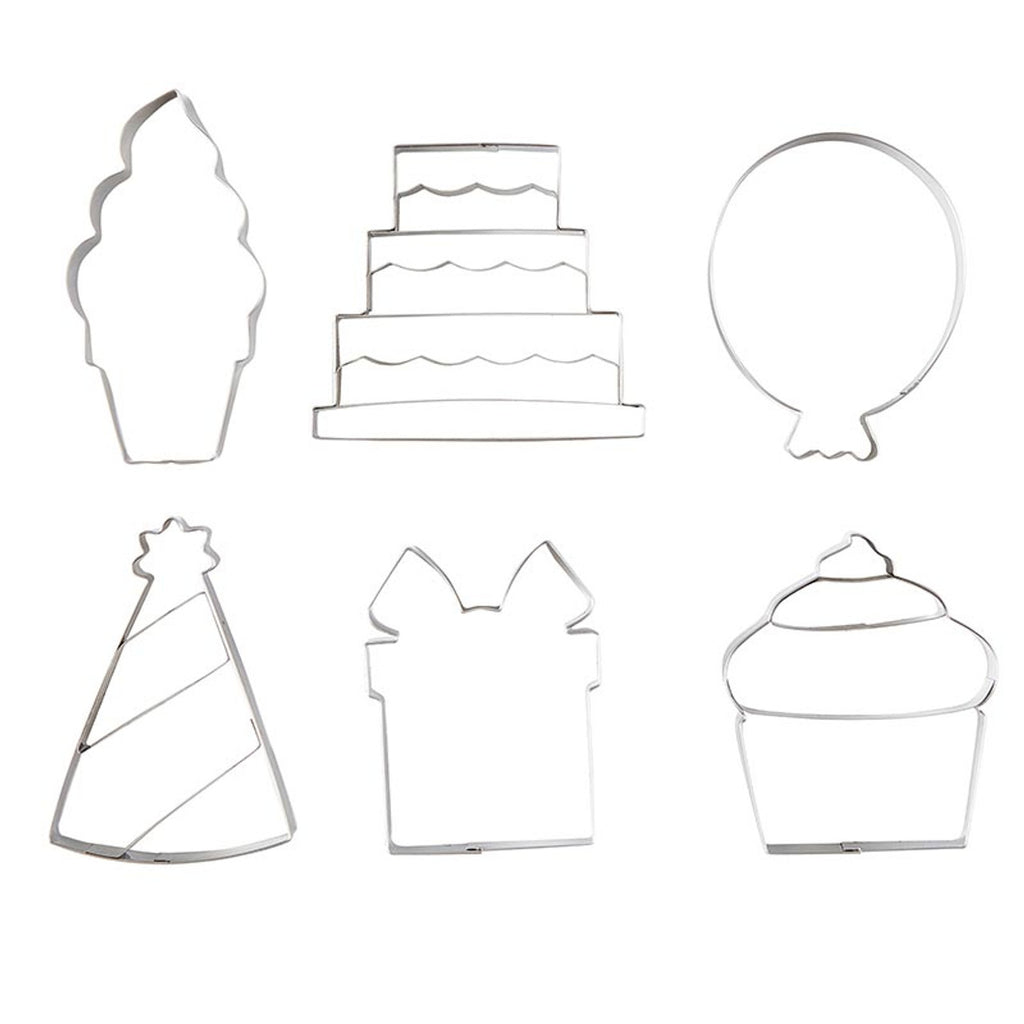 Stainless steel cookie cutters with birthday-themed shapes