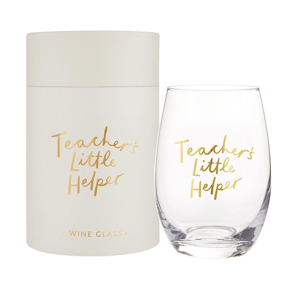 Gold foil stemless wine glass in gift tube packaging - Teachers Little Helper