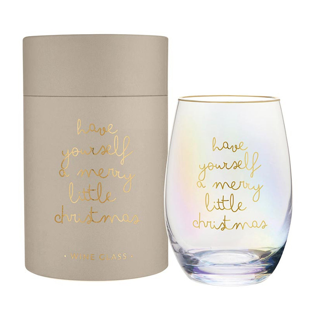Gold foil stemless wine glass in gift tube packaging - Merry Little Christmas