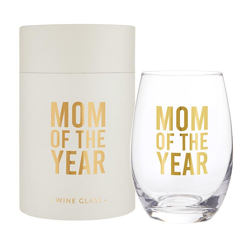 Gold foil stemless wine glass in gift tube packaging - Mom Of The Year
