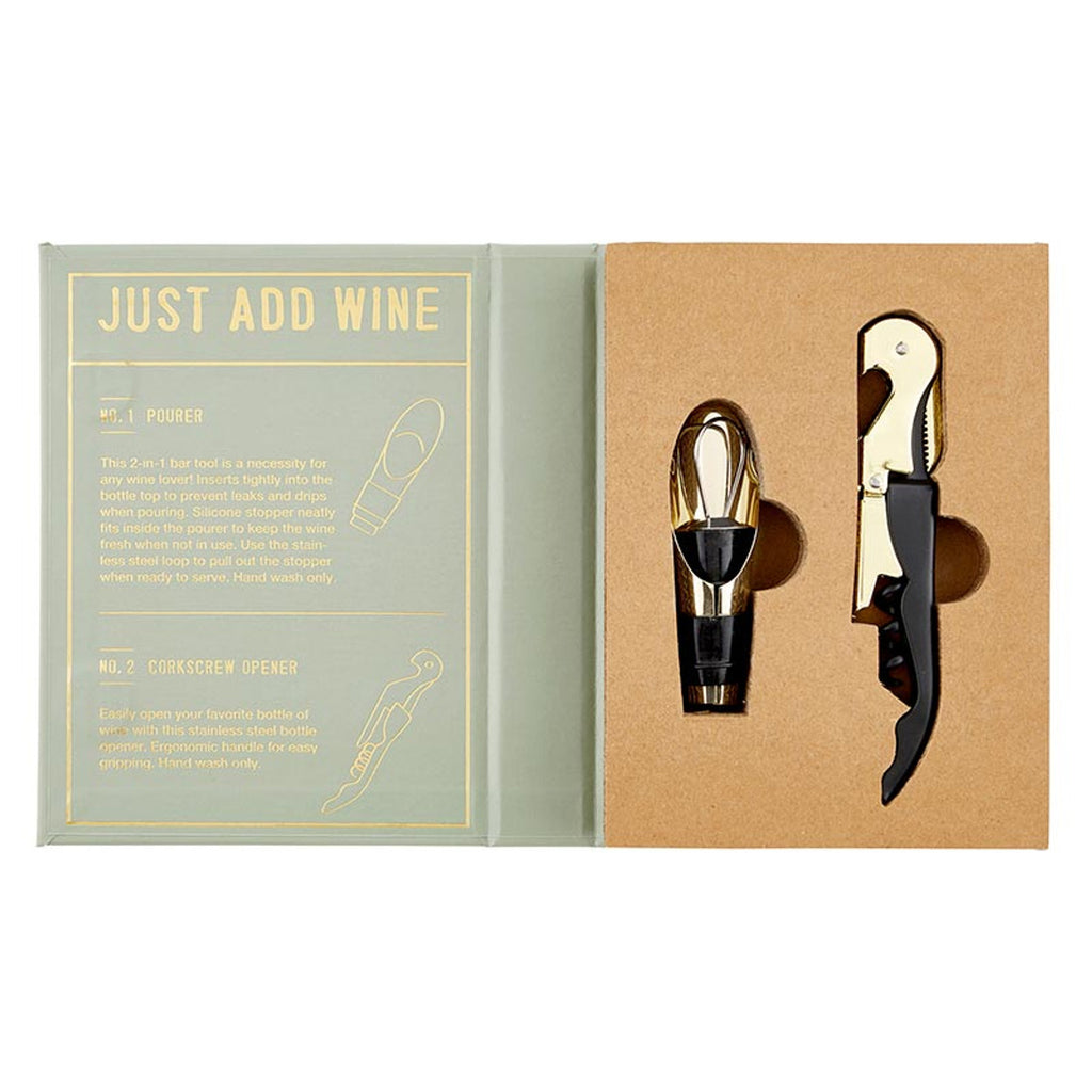 “Just Add Wine” book box with stainless wine tools inside