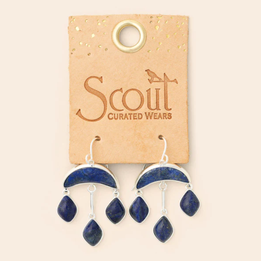Lapis Crescent Drop Earrings on embossed leather card
