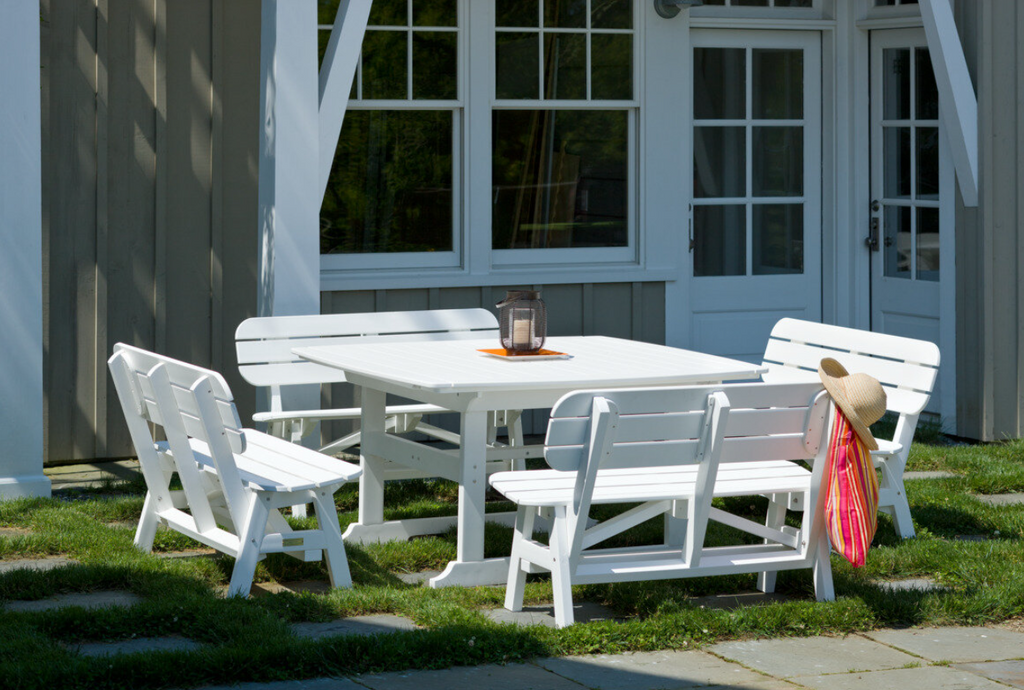 Coastal style outdoor bench made from HDPE lumber