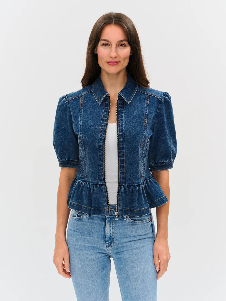 Delancey Denim Jacket – Structured Puff Sleeve Jacket, Flared Hem