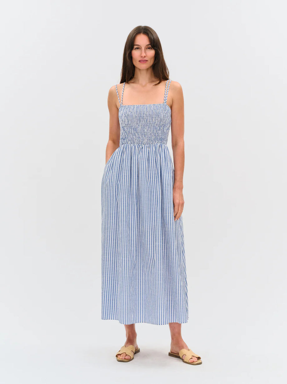 Ebony Stripe Dress – Maxi Cotton Dress with Smocked Bodice & Pockets – Daisy Trading Co
