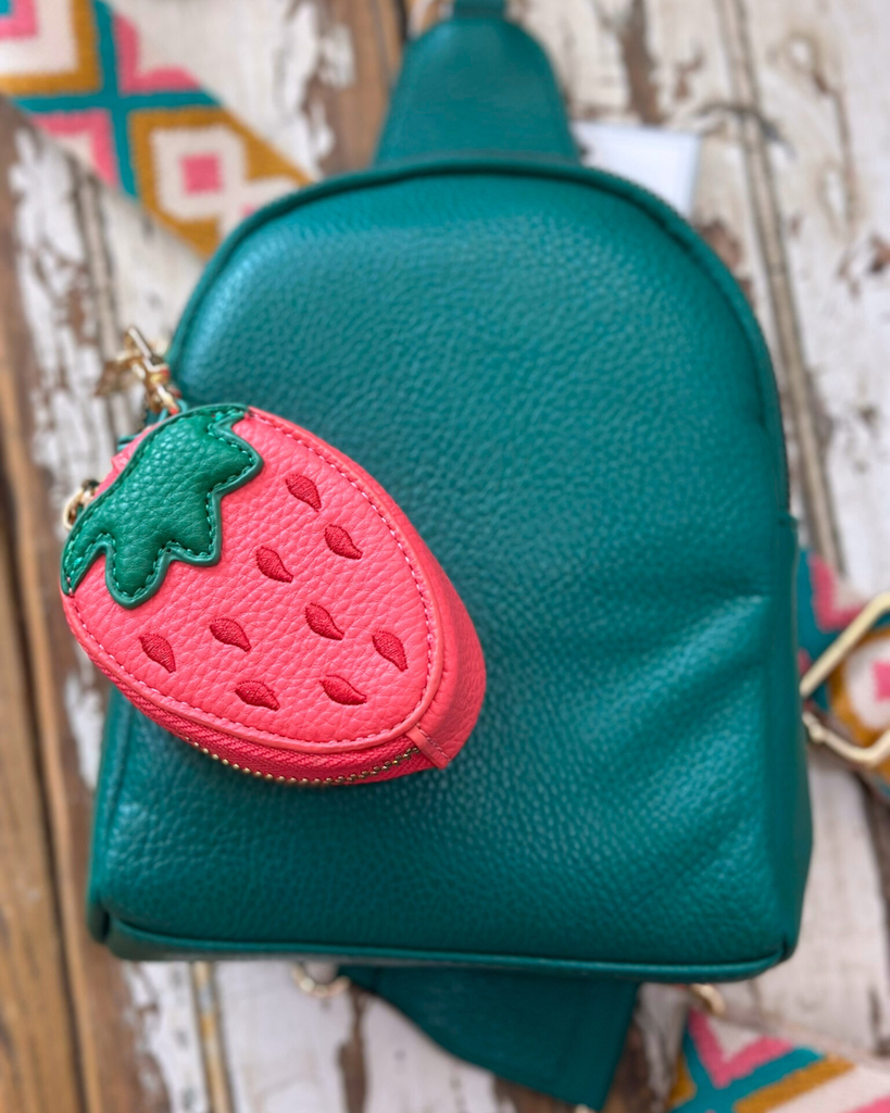 Strawberry-shaped bag charm coin purse with zipper and clasp