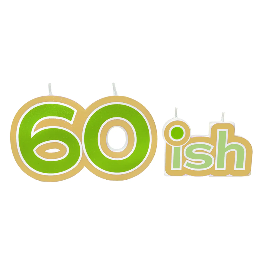 “60-ish” birthday candle in bold green and gold colors