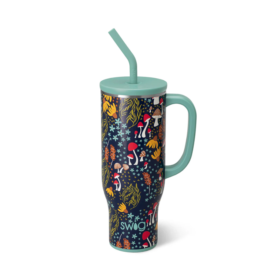 Swig Life Mega Mug 30oz with comfort-grip handle and straw lid with Mushroom Meadow Design