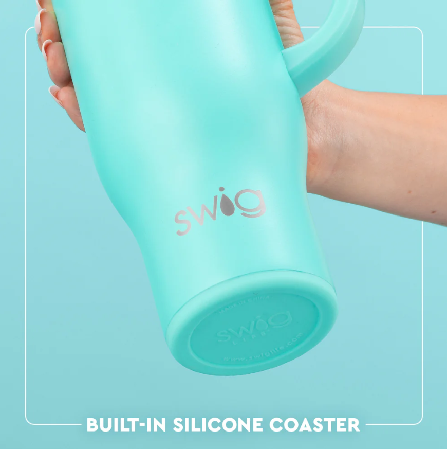 Stainless steel insulated Swig Life Mega Mug with silicone coaster base