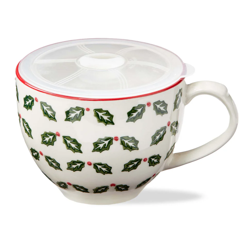 Tis The Season Soup Mug with lid and holly leaf design