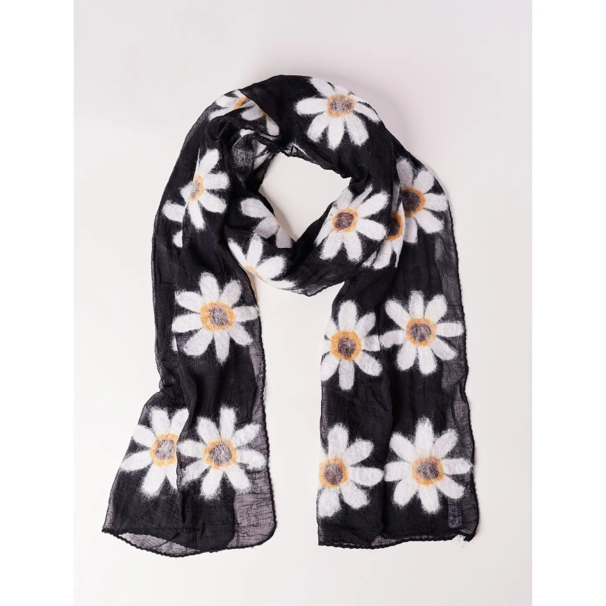 Handmade Daisy Wool Felt Scarf with white daisies on black silk background