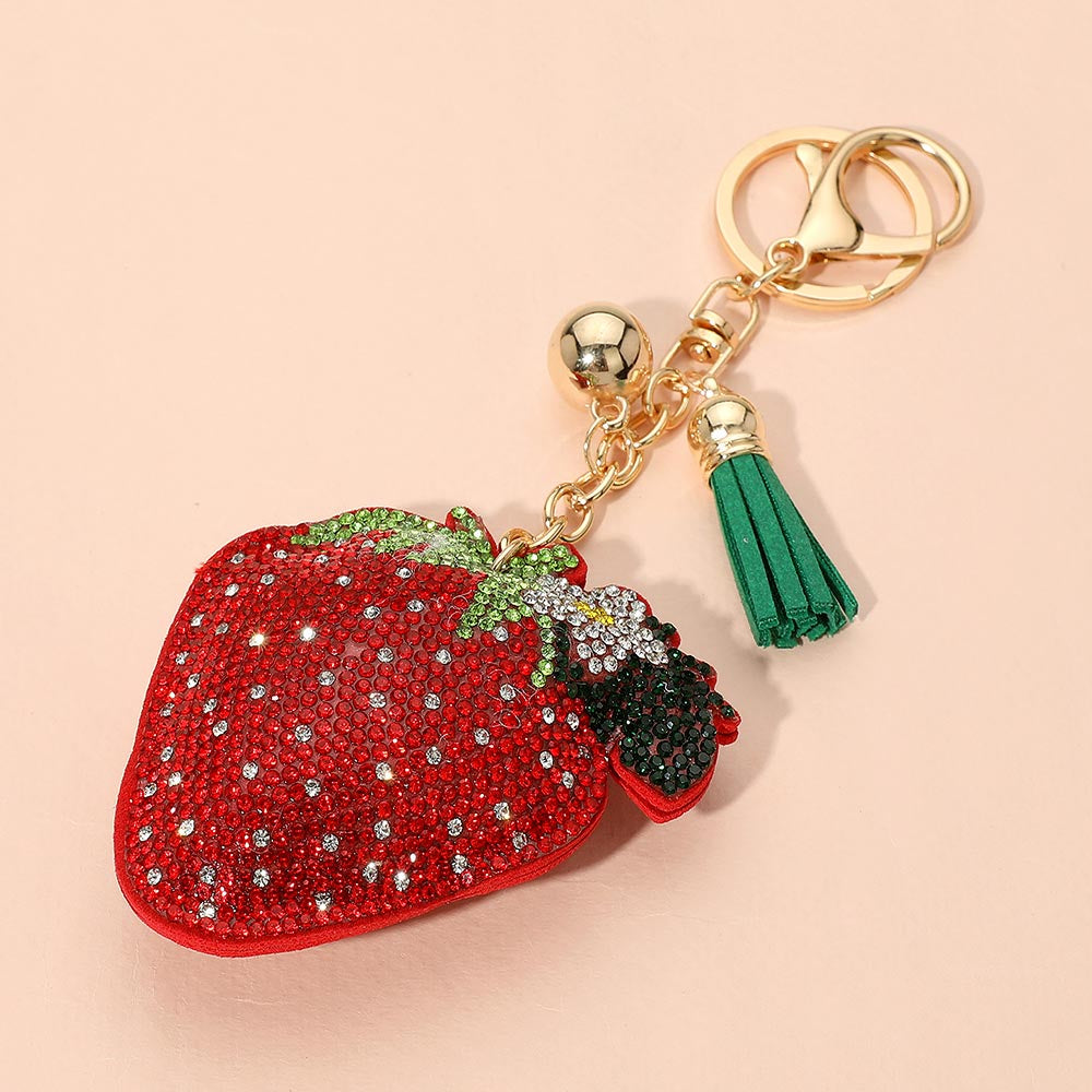 Bling bag charm keychain with rhinestones and tassel accent - Strawberry