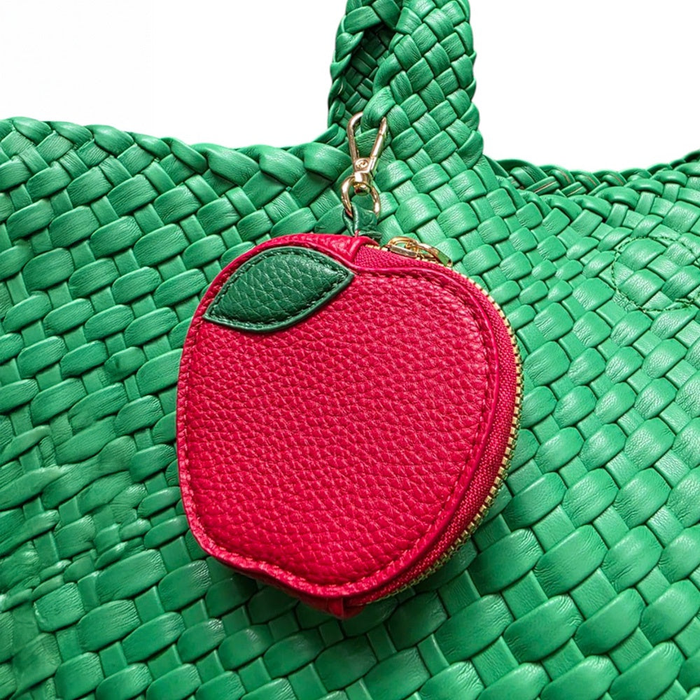 Red apple-shaped bag charm coin purse with zipper closure