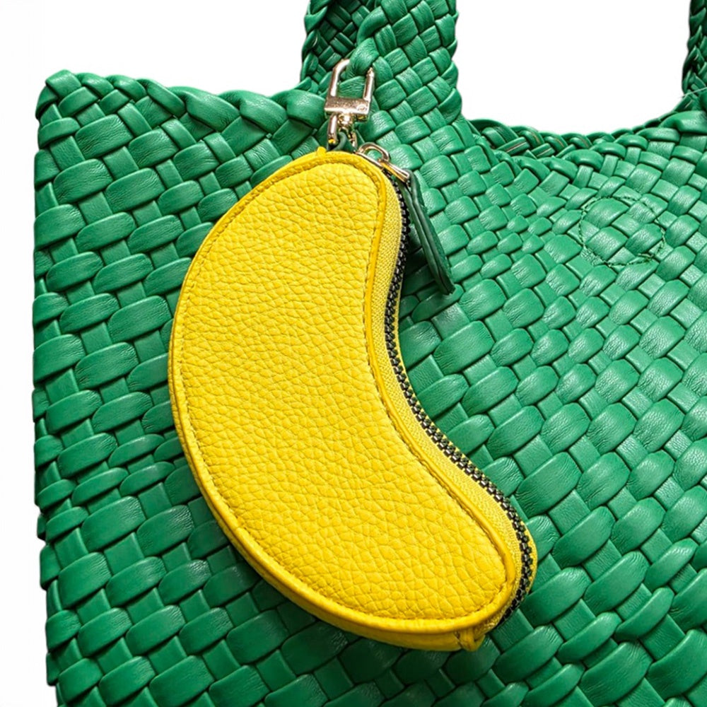 Banana-shaped bag charm coin purse with zipper and gold clasp
