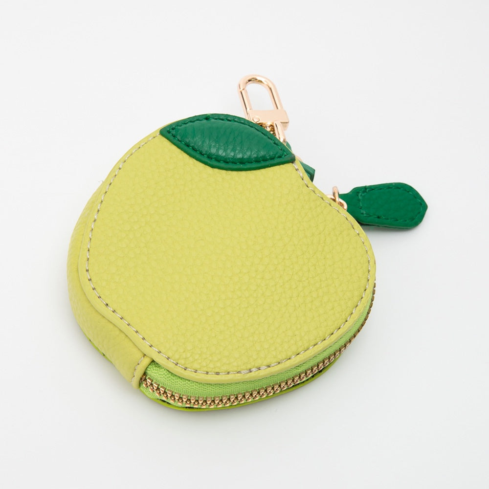 Green apple-shaped bag charm coin purse with zipper and clasp
