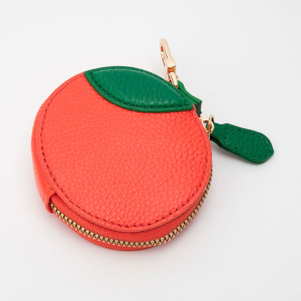 Orange fruit-shaped bag charm coin purse with zipper closure