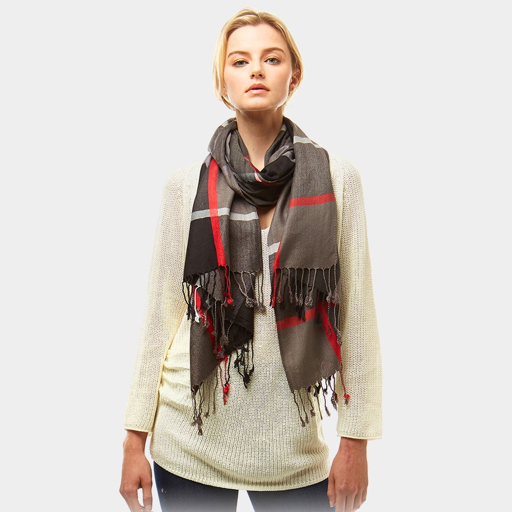 Oblong Plaid Tassel Scarf Black