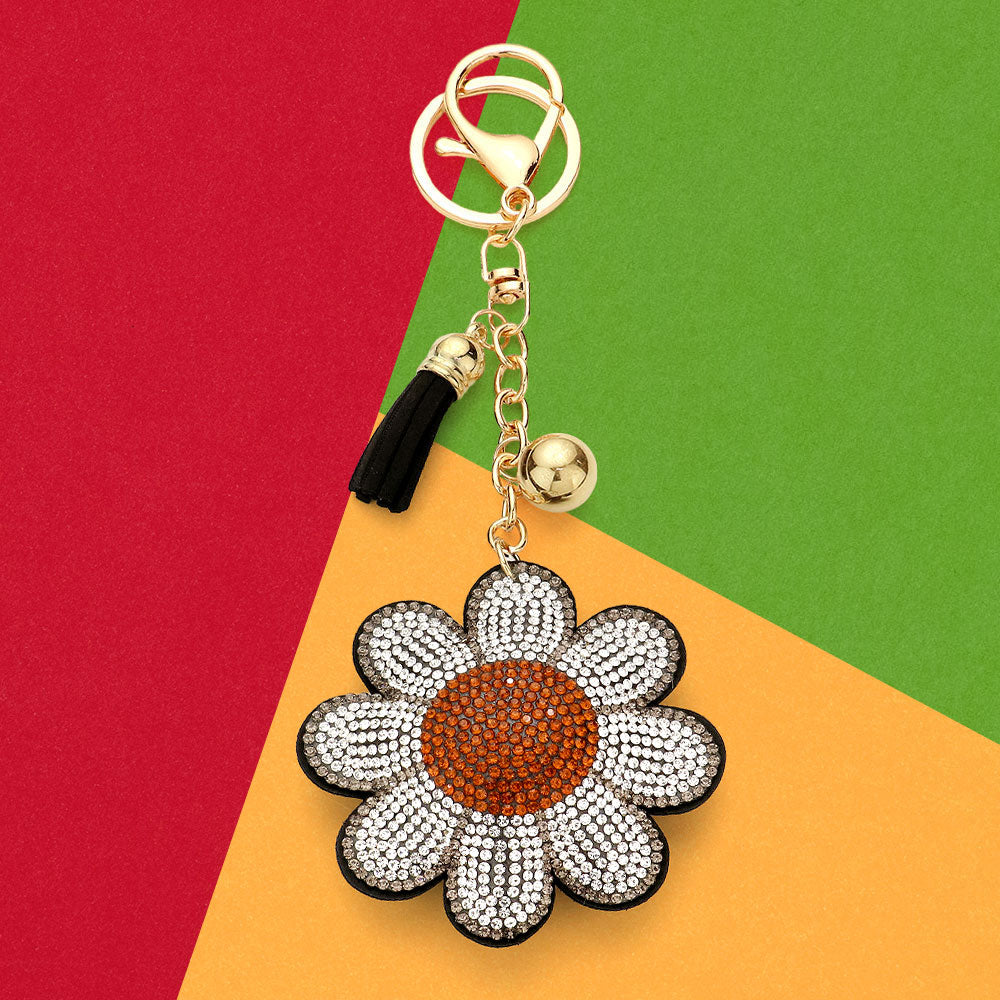 Bling bag charm keychain with rhinestones and tassel accent - Daisy