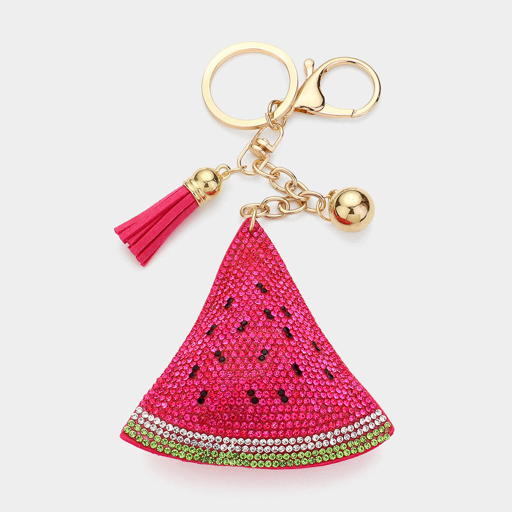 Bling bag charm keychain with rhinestones and tassel accent - Pink Watermelon Slice
