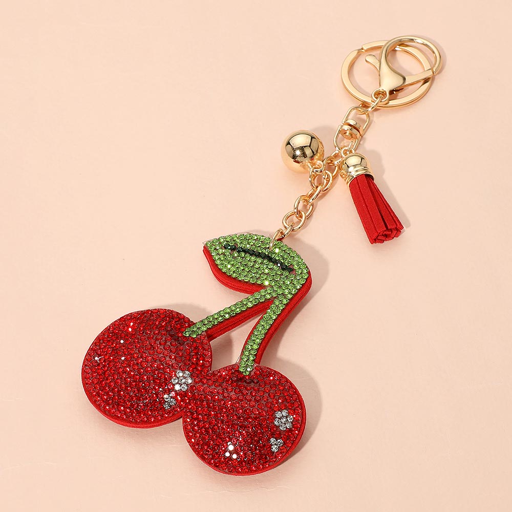 Bling bag charm keychain with rhinestones and tassel accent - Cherry