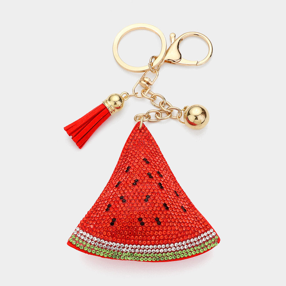 Bling bag charm keychain with rhinestones and tassel accent - Red Watermelon Slice