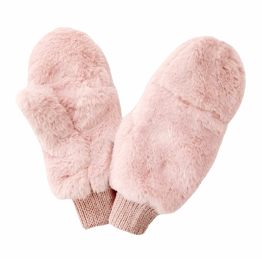 Fur Convertible Mittens Pink