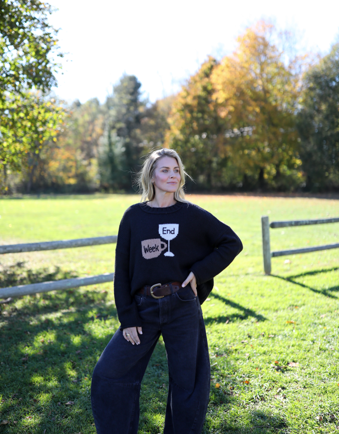 Wooden Ships Week Vs. End Crew sweater with knit coffee mug and wine glass