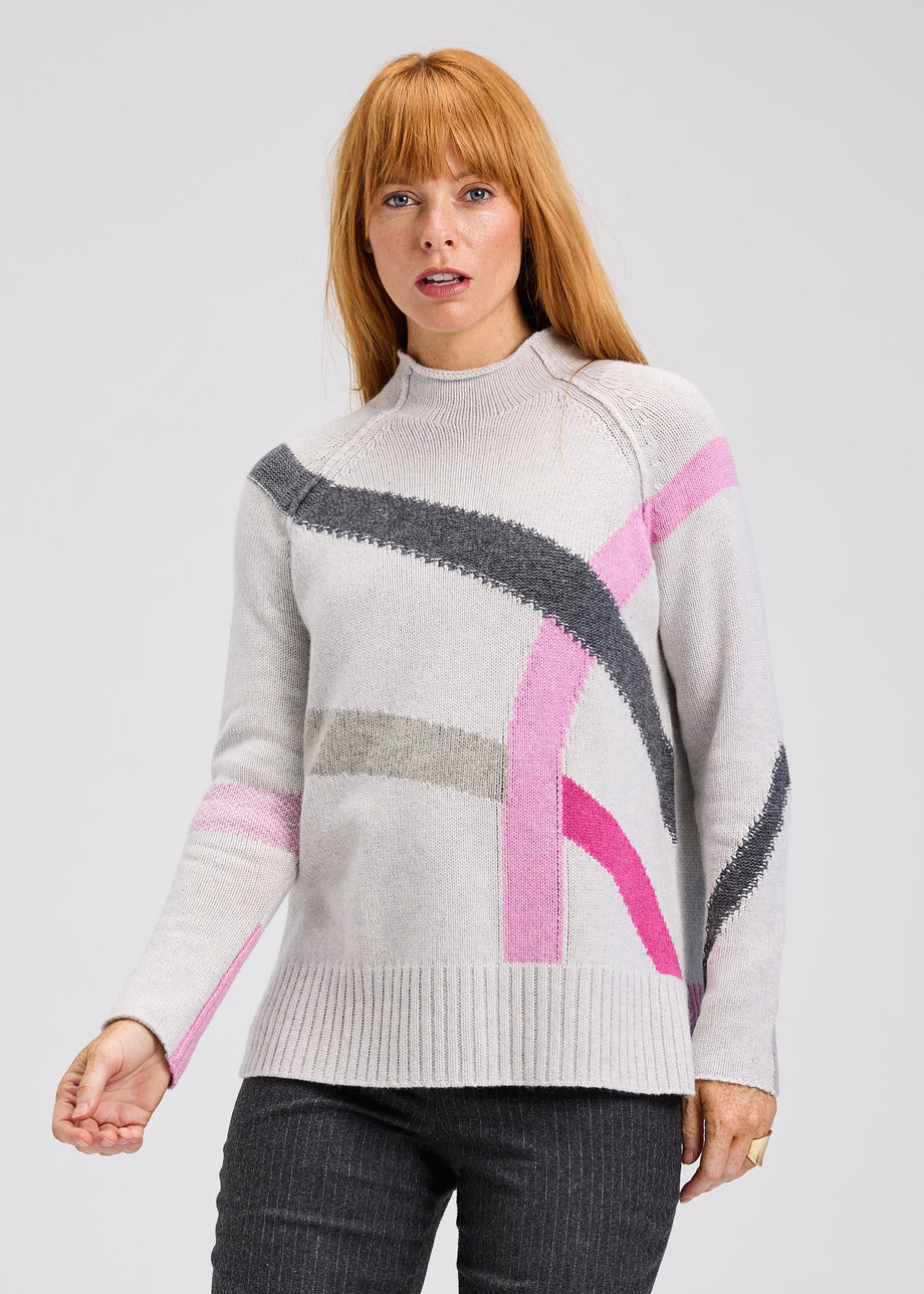 Zaket & Plover Road Map Sweater – Grey Knit with Pink Stripe