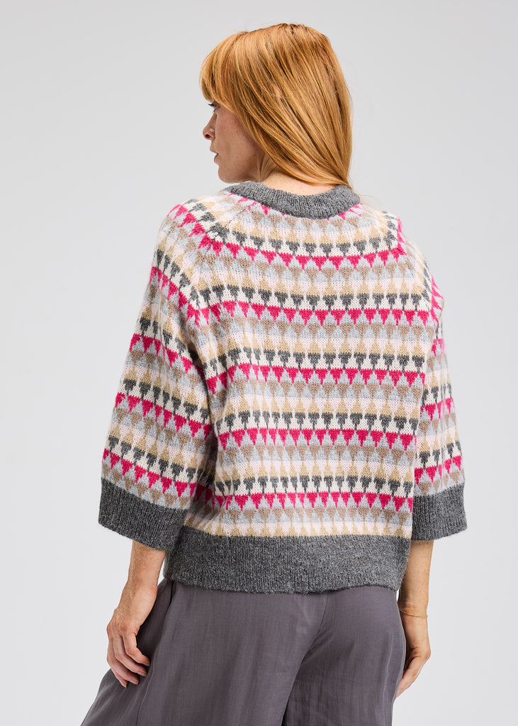 3/4 sleeve sweater with whimsical Fair Isle-inspired design